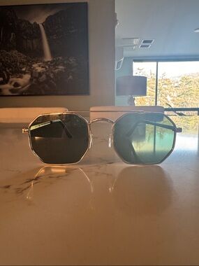 12th Tribe Women's Octagon Sunglasses with Gold Frame and Green Lenses